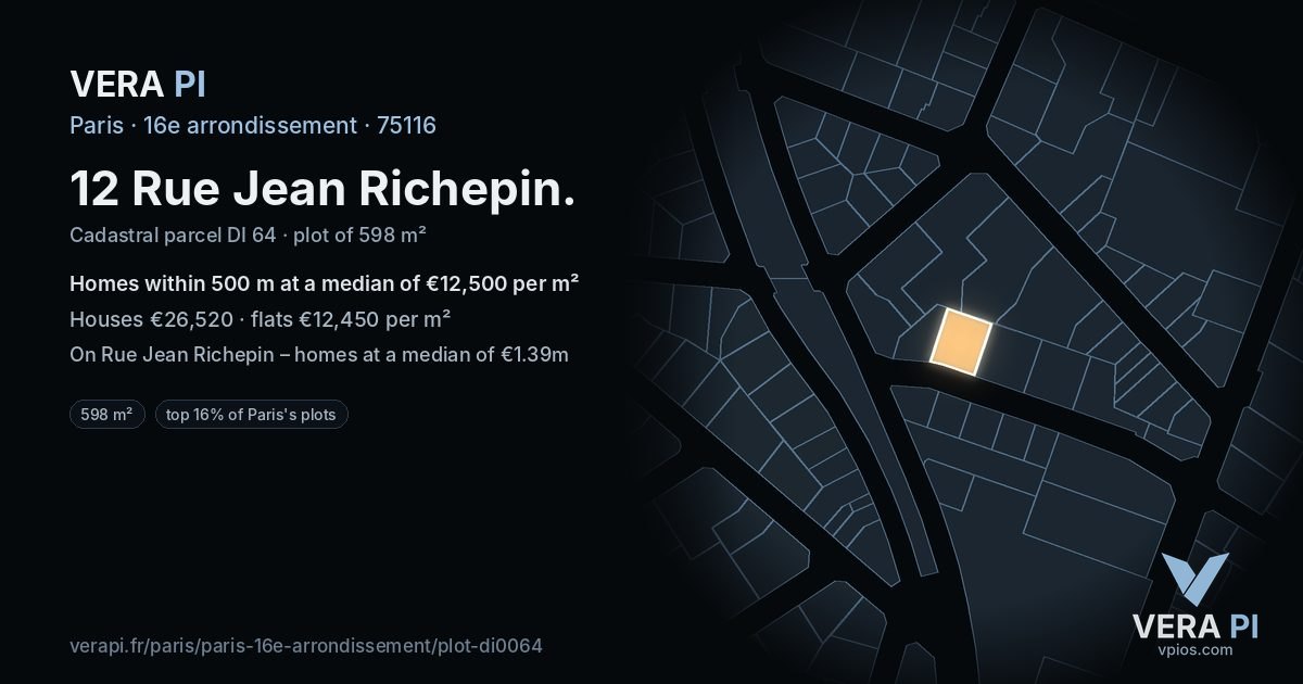 12 Rue Jean Richepin, 16e arrondissement at night – the plot lit, the parcels around coloured by the prices near them
