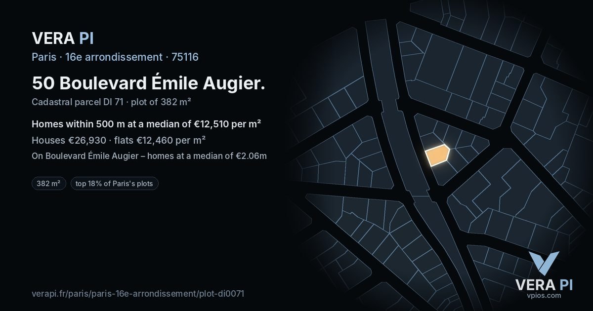 50 Boulevard Émile Augier, 16e arrondissement at night – the plot lit, the parcels around coloured by the prices near them