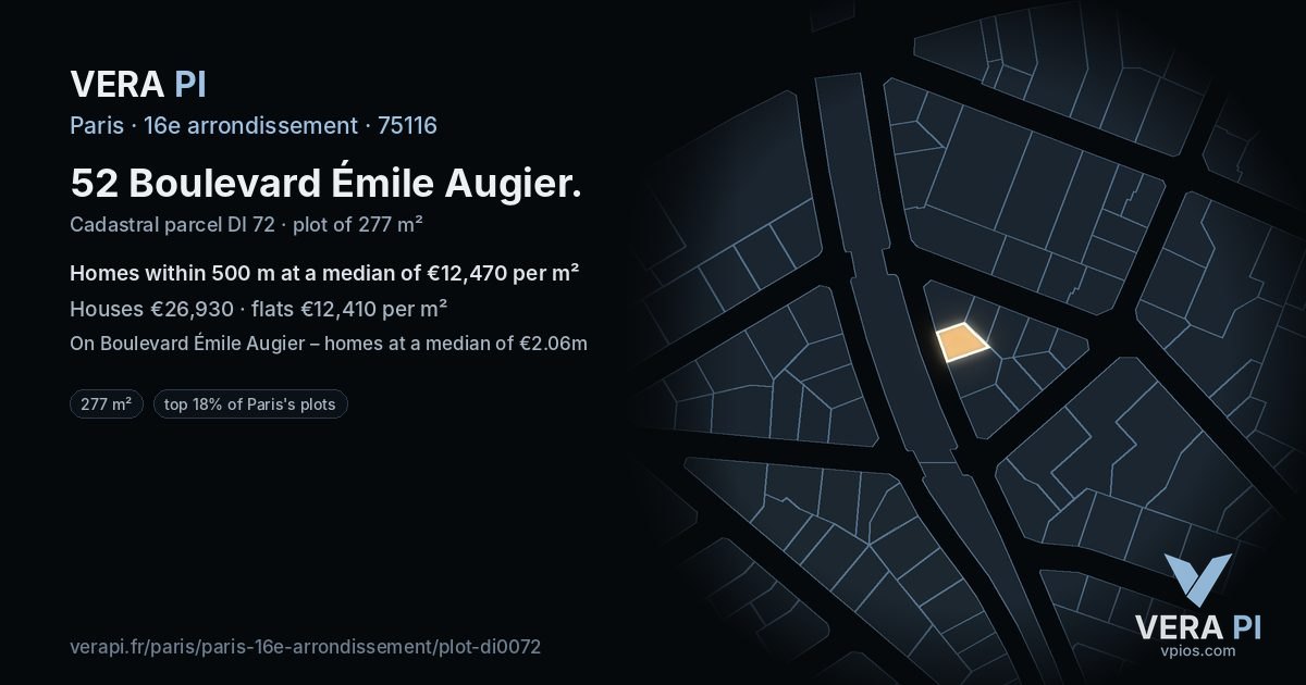 52 Boulevard Émile Augier, 16e arrondissement at night – the plot lit, the parcels around coloured by the prices near them
