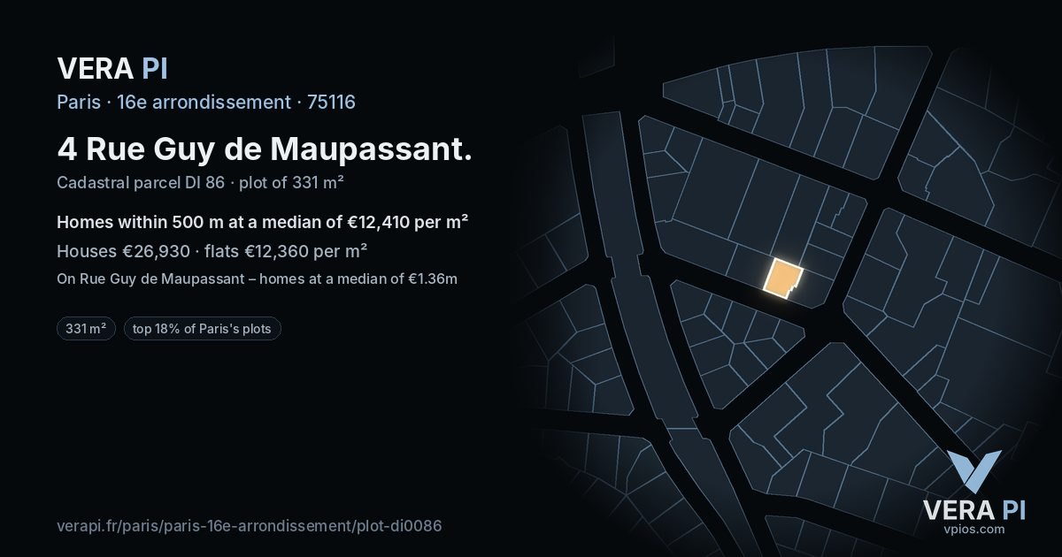 4 Rue Guy de Maupassant, 16e arrondissement at night – the plot lit, the parcels around coloured by the prices near them