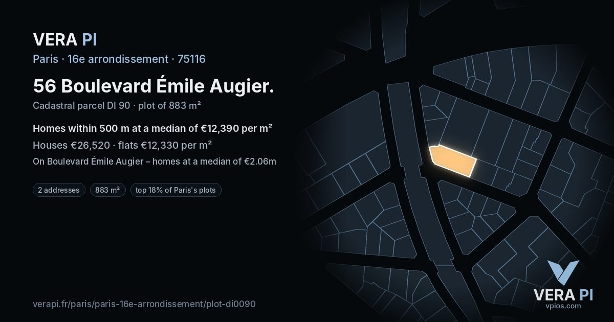 56 Boulevard Émile Augier, 16e arrondissement at night – the plot lit, the parcels around coloured by the prices near them