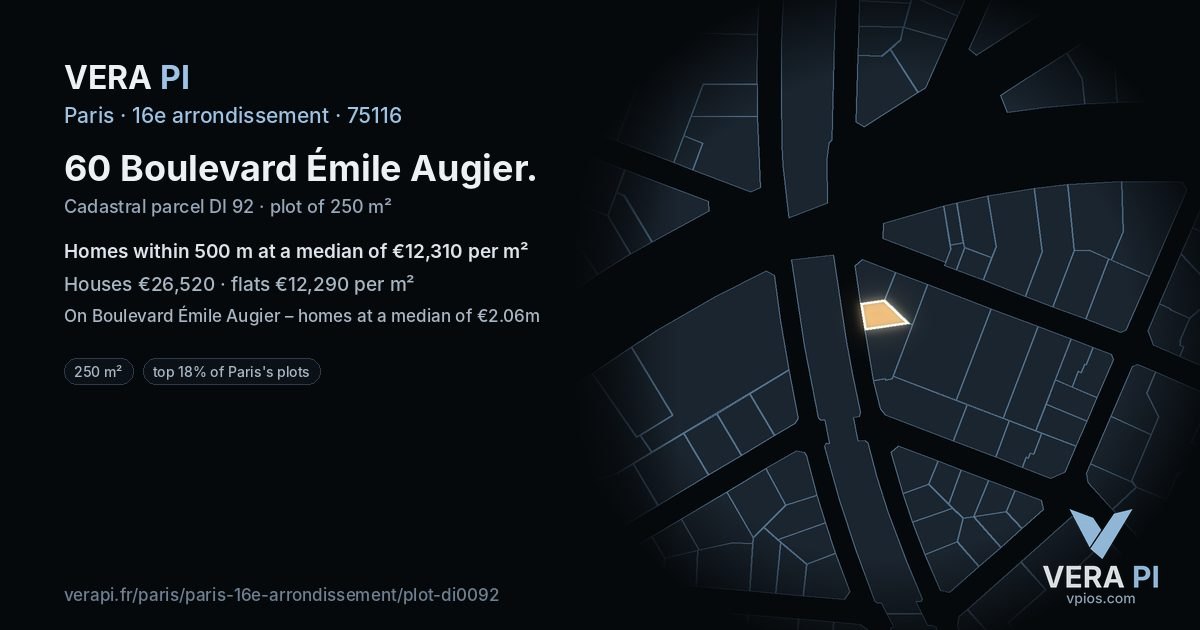 60 Boulevard Émile Augier, 16e arrondissement at night – the plot lit, the parcels around coloured by the prices near them