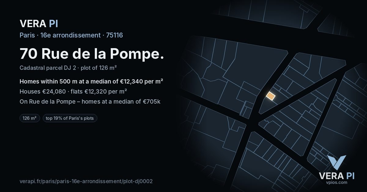 70 Rue de la Pompe, 16e arrondissement at night – the plot lit, the parcels around coloured by the prices near them