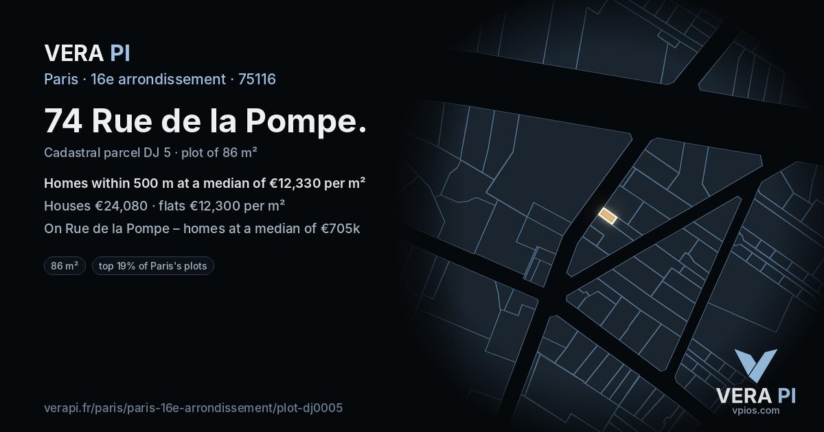 74 Rue de la Pompe, 16e arrondissement at night – the plot lit, the parcels around coloured by the prices near them