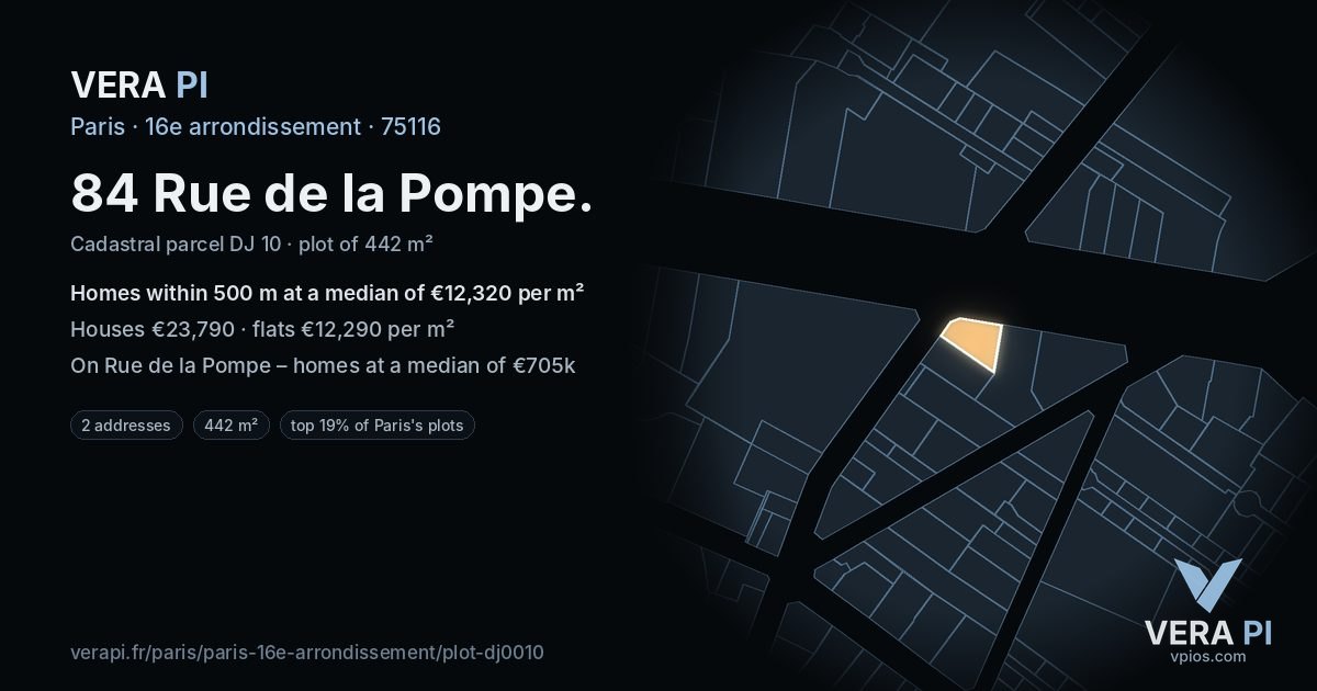 84 Rue de la Pompe, 16e arrondissement at night – the plot lit, the parcels around coloured by the prices near them