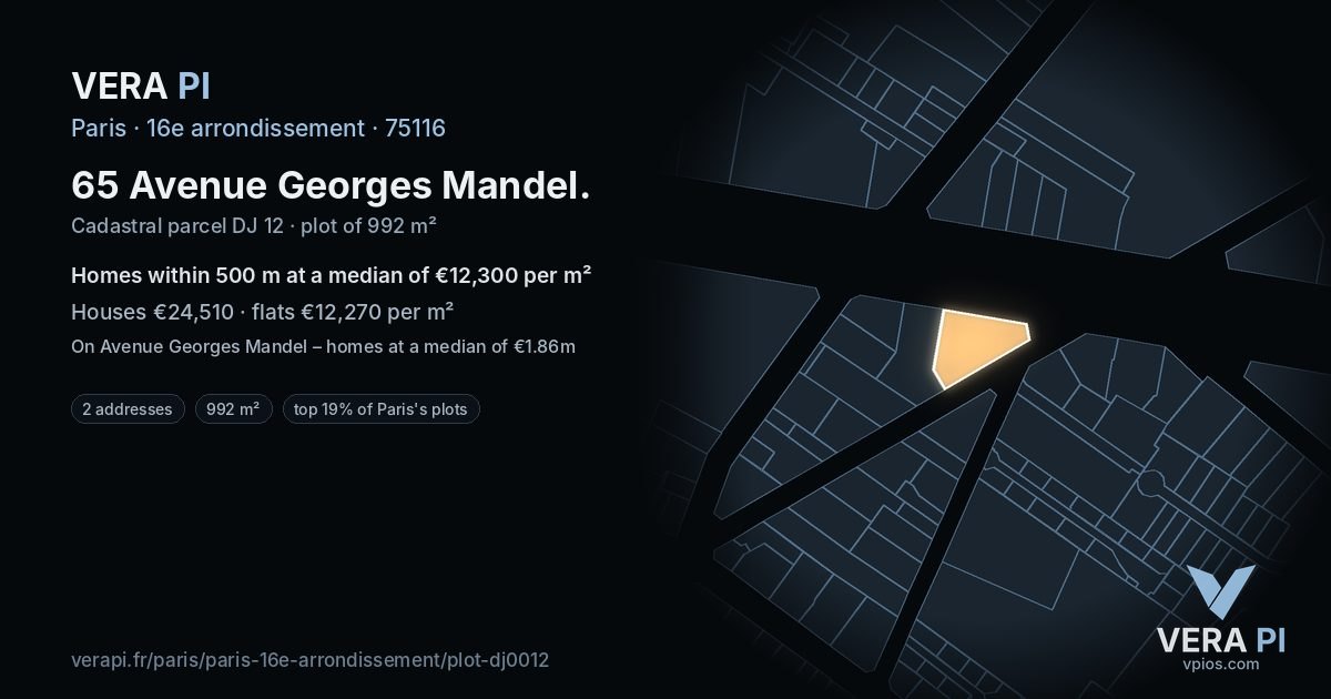 65 Avenue Georges Mandel, 16e arrondissement at night – the plot lit, the parcels around coloured by the prices near them