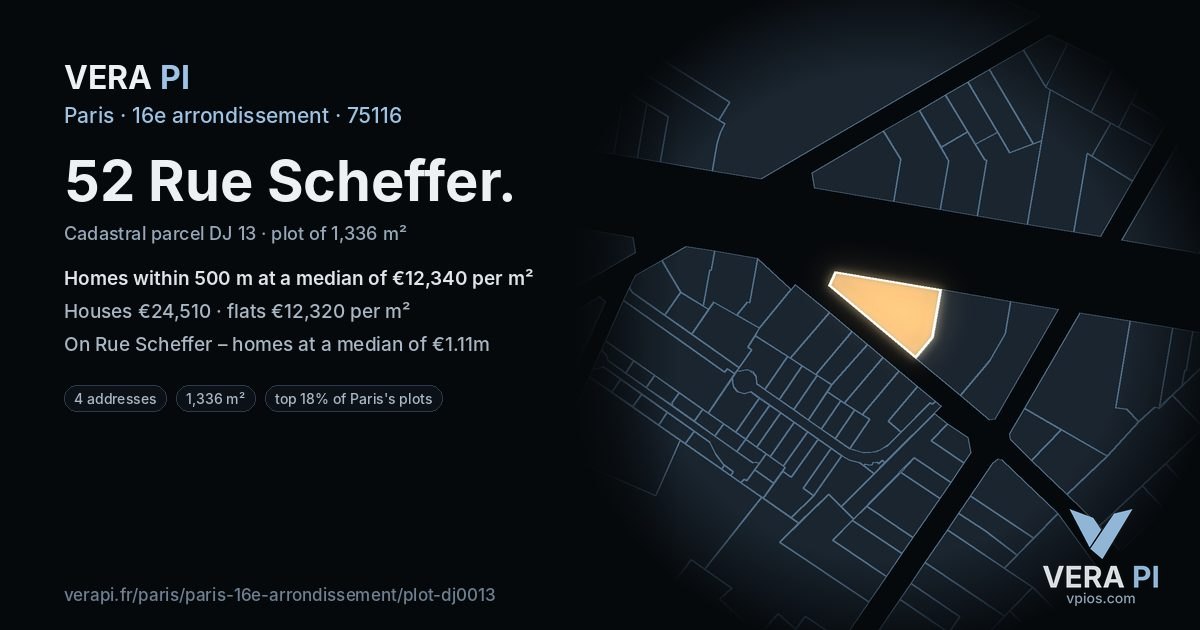 52 Rue Scheffer, 16e arrondissement at night – the plot lit, the parcels around coloured by the prices near them