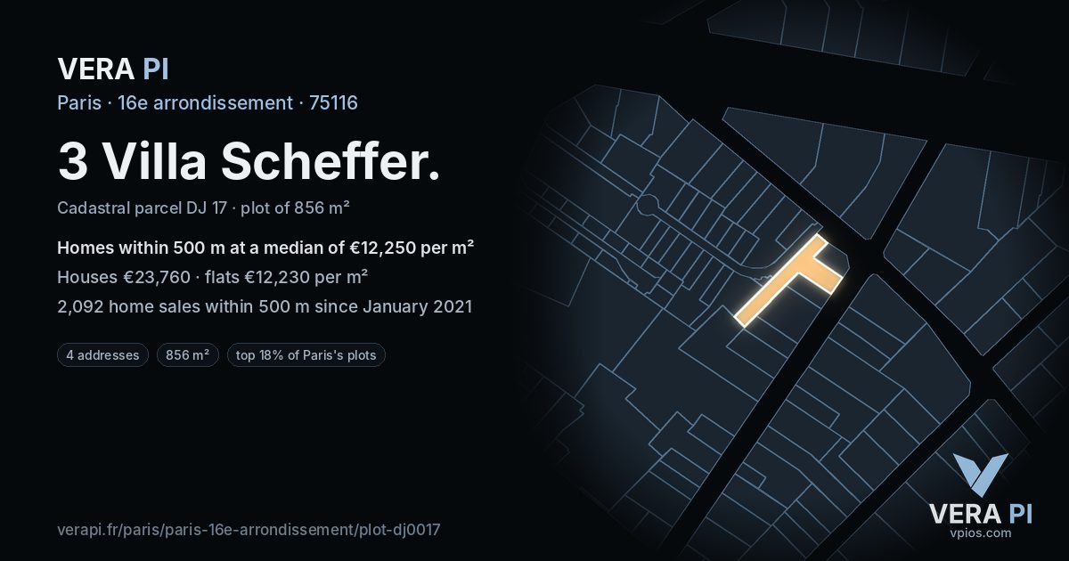 3 Villa Scheffer, 16e arrondissement at night – the plot lit, the parcels around coloured by the prices near them