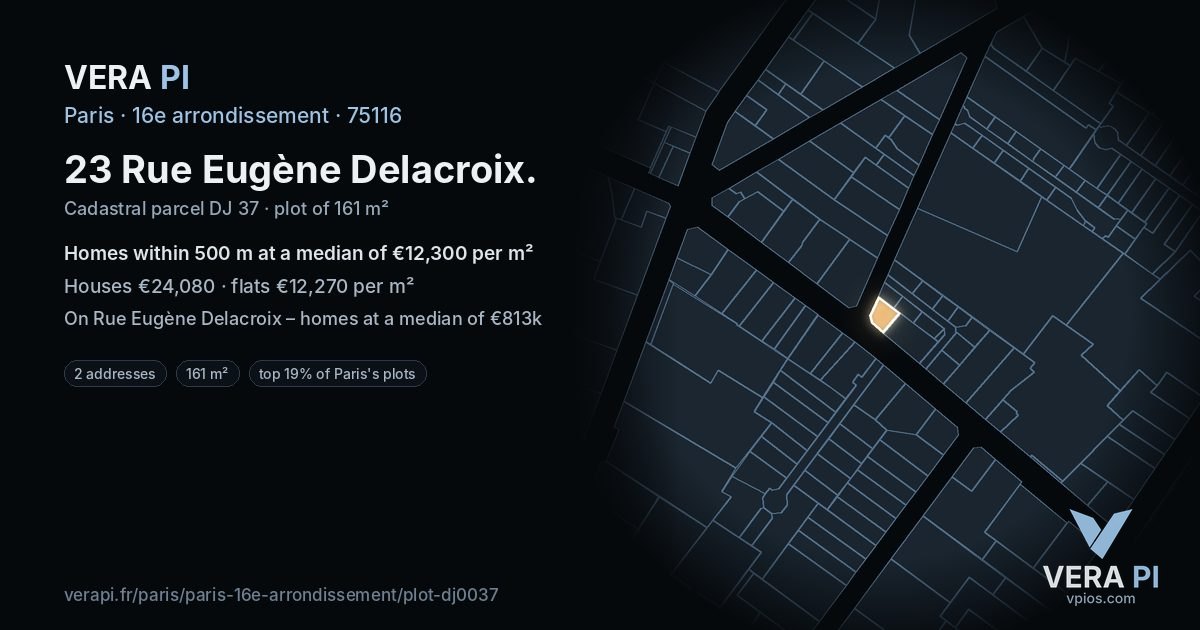 23 Rue Eugène Delacroix, 16e arrondissement at night – the plot lit, the parcels around coloured by the prices near them