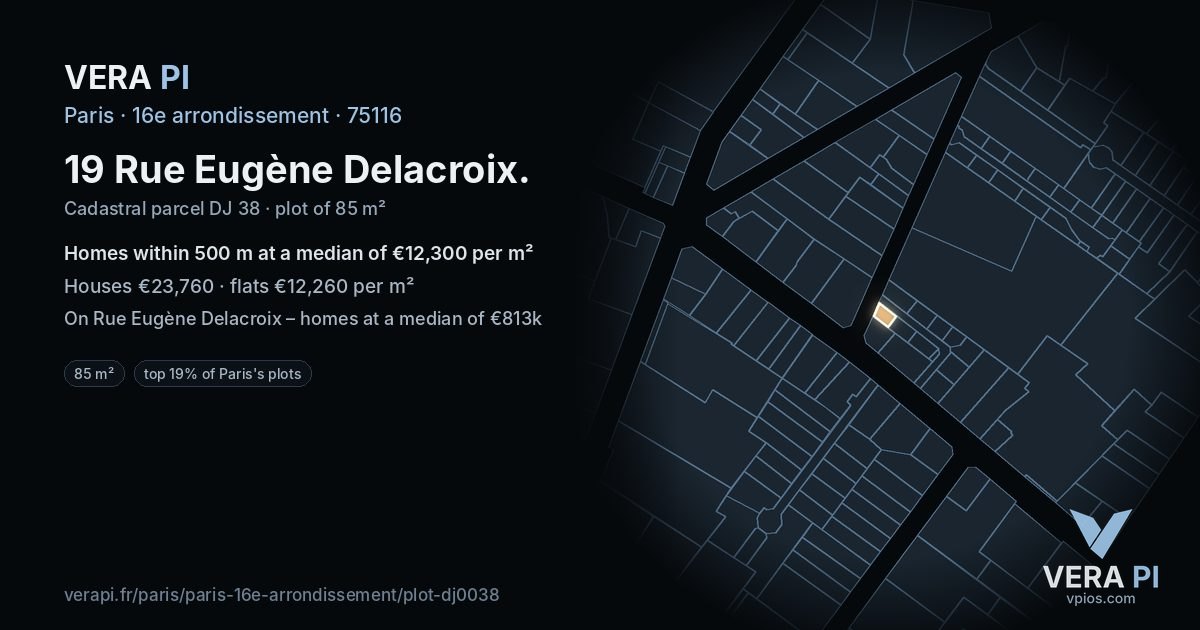 19 Rue Eugène Delacroix, 16e arrondissement at night – the plot lit, the parcels around coloured by the prices near them