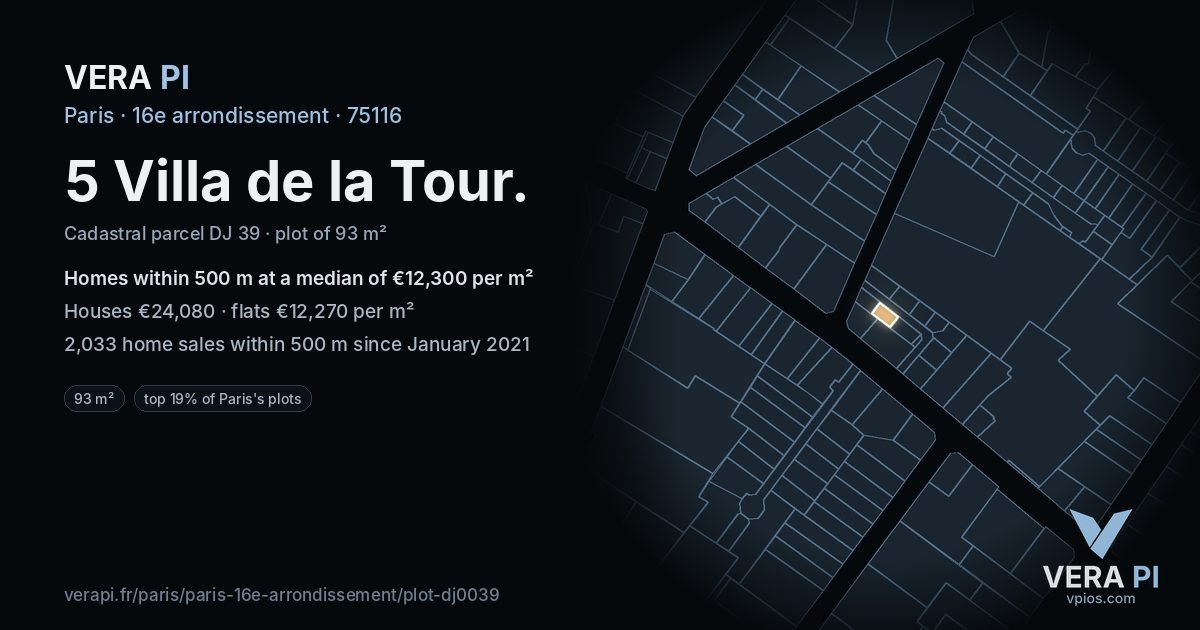 5 Villa de la Tour, 16e arrondissement at night – the plot lit, the parcels around coloured by the prices near them
