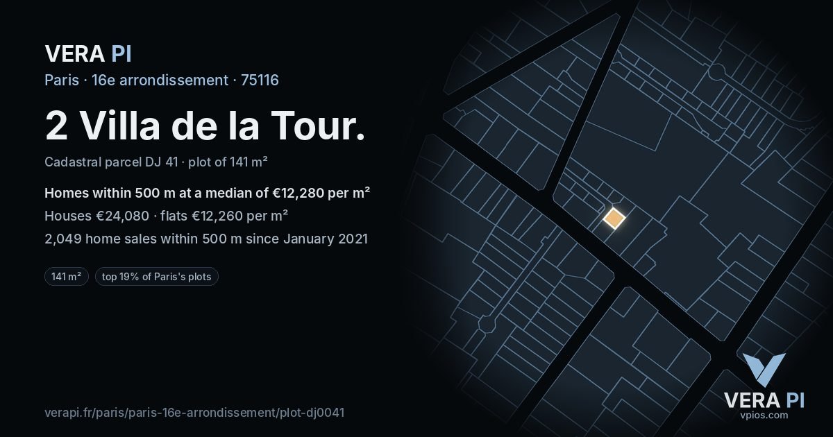 2 Villa de la Tour, 16e arrondissement at night – the plot lit, the parcels around coloured by the prices near them