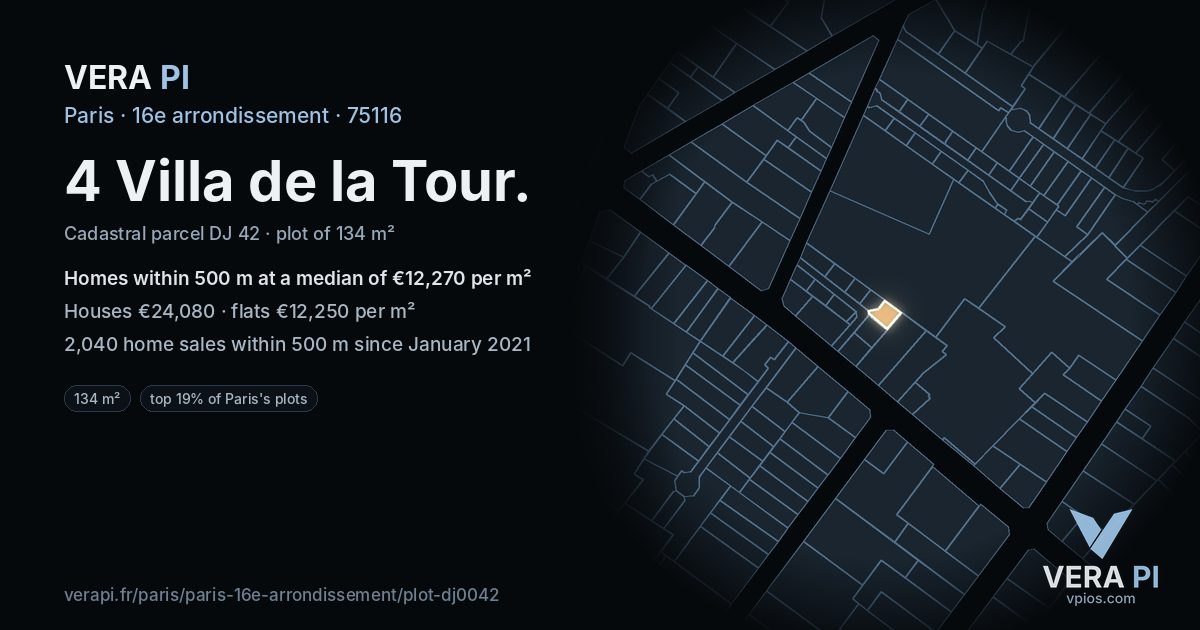 4 Villa de la Tour, 16e arrondissement at night – the plot lit, the parcels around coloured by the prices near them