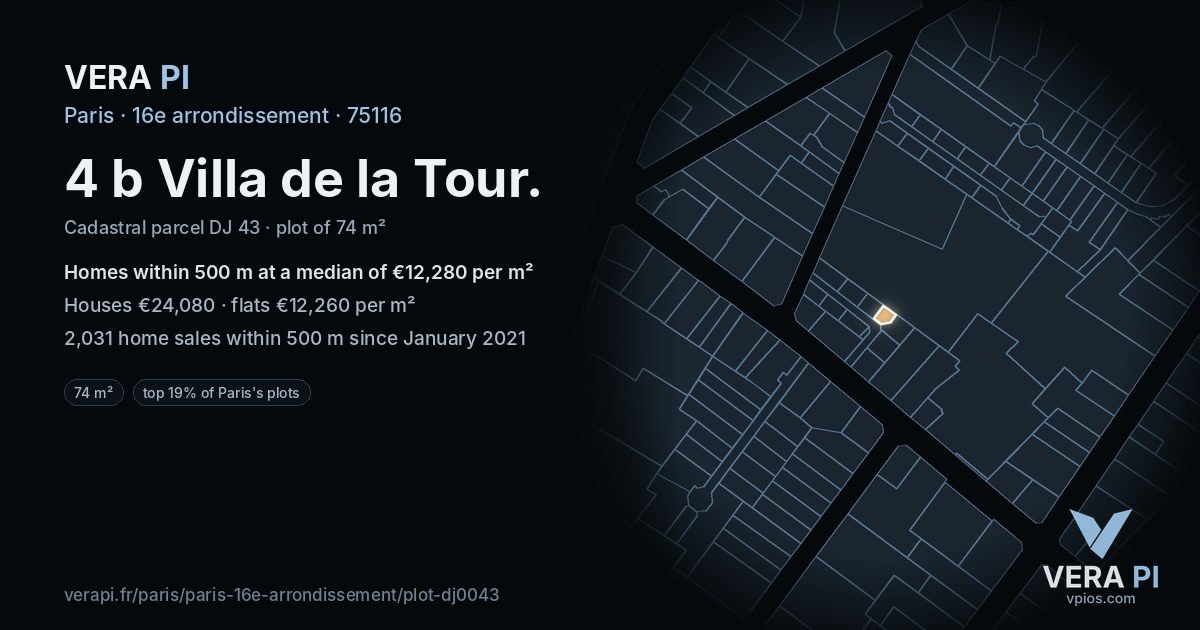 4 b Villa de la Tour, 16e arrondissement at night – the plot lit, the parcels around coloured by the prices near them