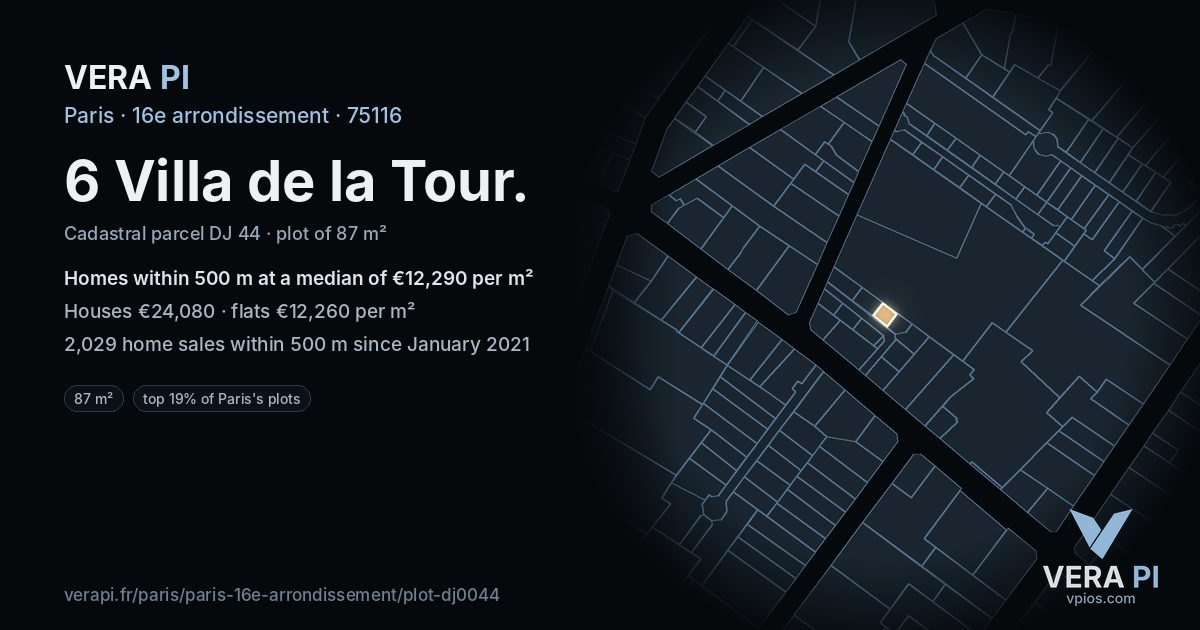 6 Villa de la Tour, 16e arrondissement at night – the plot lit, the parcels around coloured by the prices near them