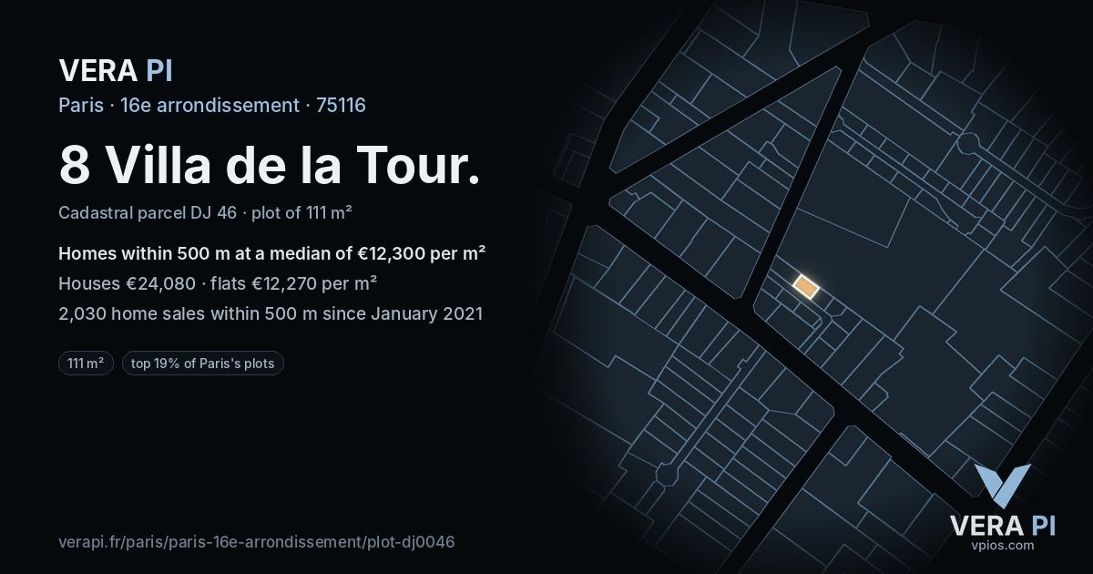 8 Villa de la Tour, 16e arrondissement at night – the plot lit, the parcels around coloured by the prices near them