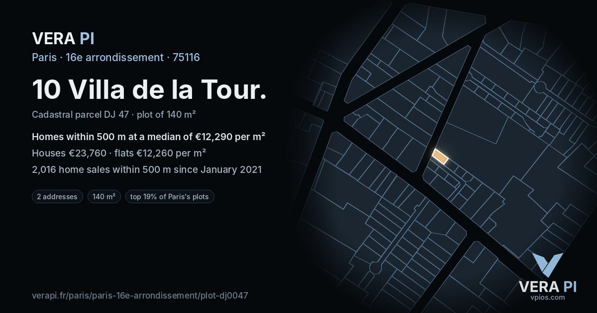10 Villa de la Tour, 16e arrondissement at night – the plot lit, the parcels around coloured by the prices near them