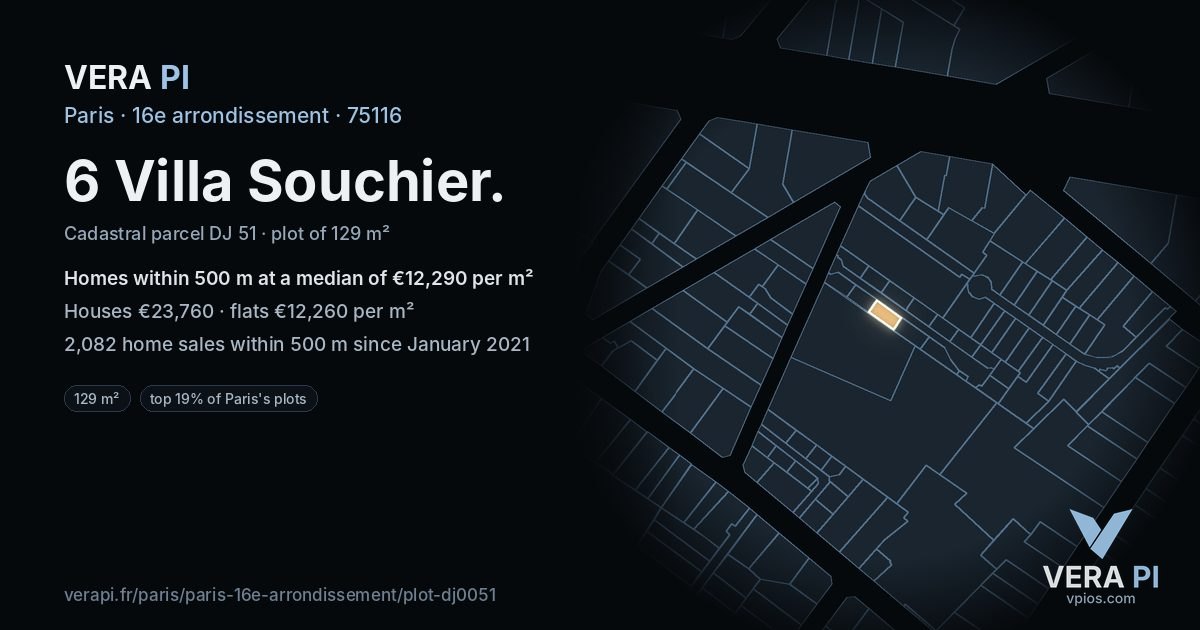 6 Villa Souchier, 16e arrondissement at night – the plot lit, the parcels around coloured by the prices near them