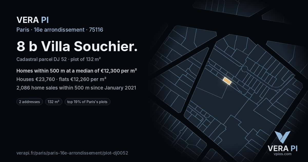 8 b Villa Souchier, 16e arrondissement at night – the plot lit, the parcels around coloured by the prices near them