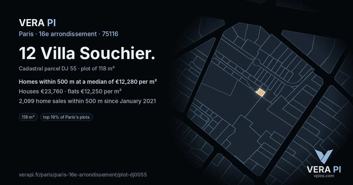 12 Villa Souchier, 16e arrondissement at night – the plot lit, the parcels around coloured by the prices near them
