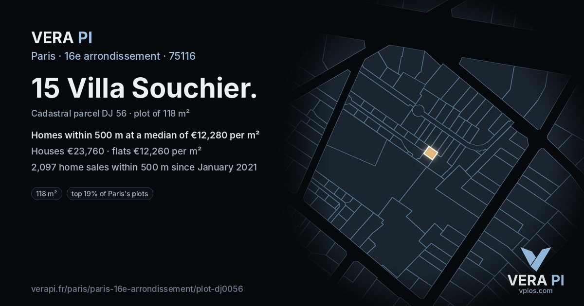 15 Villa Souchier, 16e arrondissement at night – the plot lit, the parcels around coloured by the prices near them