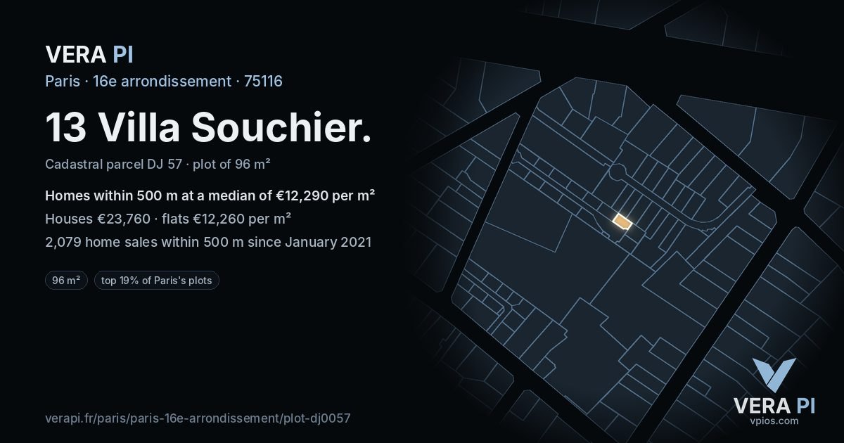 13 Villa Souchier, 16e arrondissement at night – the plot lit, the parcels around coloured by the prices near them