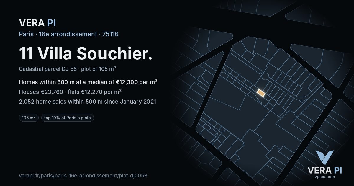 11 Villa Souchier, 16e arrondissement at night – the plot lit, the parcels around coloured by the prices near them
