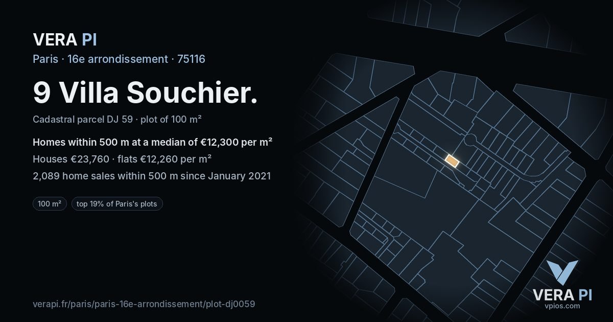 9 Villa Souchier, 16e arrondissement at night – the plot lit, the parcels around coloured by the prices near them