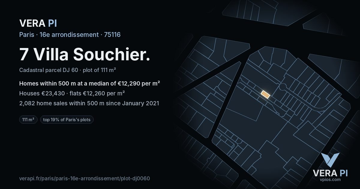 7 Villa Souchier, 16e arrondissement at night – the plot lit, the parcels around coloured by the prices near them