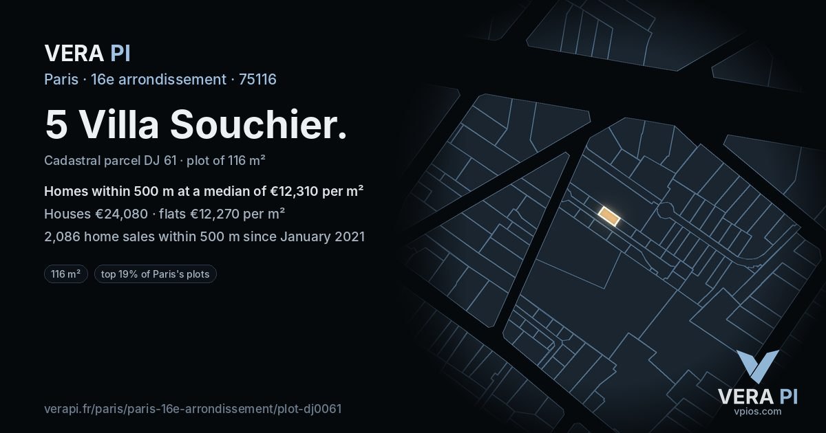 5 Villa Souchier, 16e arrondissement at night – the plot lit, the parcels around coloured by the prices near them
