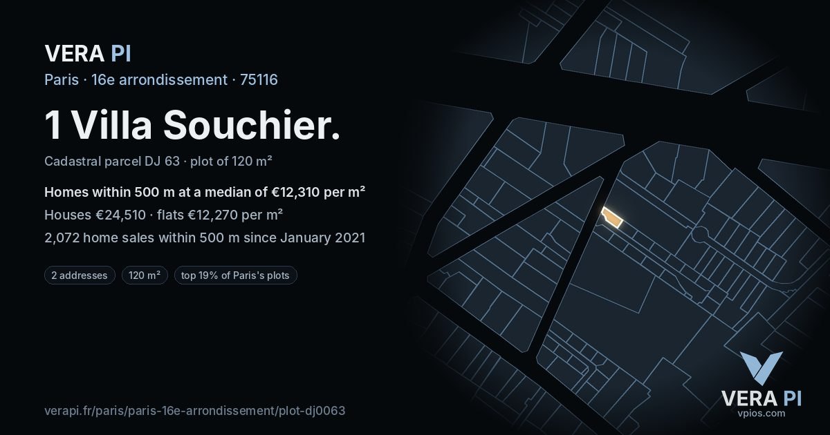 1 Villa Souchier, 16e arrondissement at night – the plot lit, the parcels around coloured by the prices near them