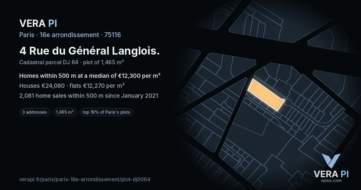 4 Rue du Général Langlois, 16e arrondissement at night – the plot lit, the parcels around coloured by the prices near them