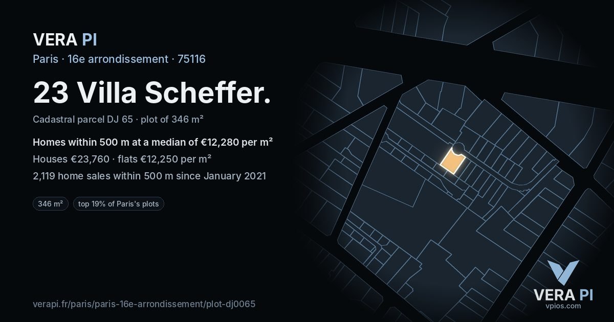 23 Villa Scheffer, 16e arrondissement at night – the plot lit, the parcels around coloured by the prices near them