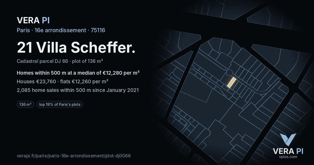 21 Villa Scheffer, 16e arrondissement at night – the plot lit, the parcels around coloured by the prices near them