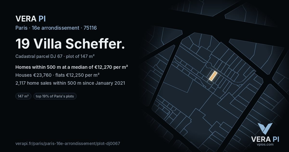19 Villa Scheffer, 16e arrondissement at night – the plot lit, the parcels around coloured by the prices near them