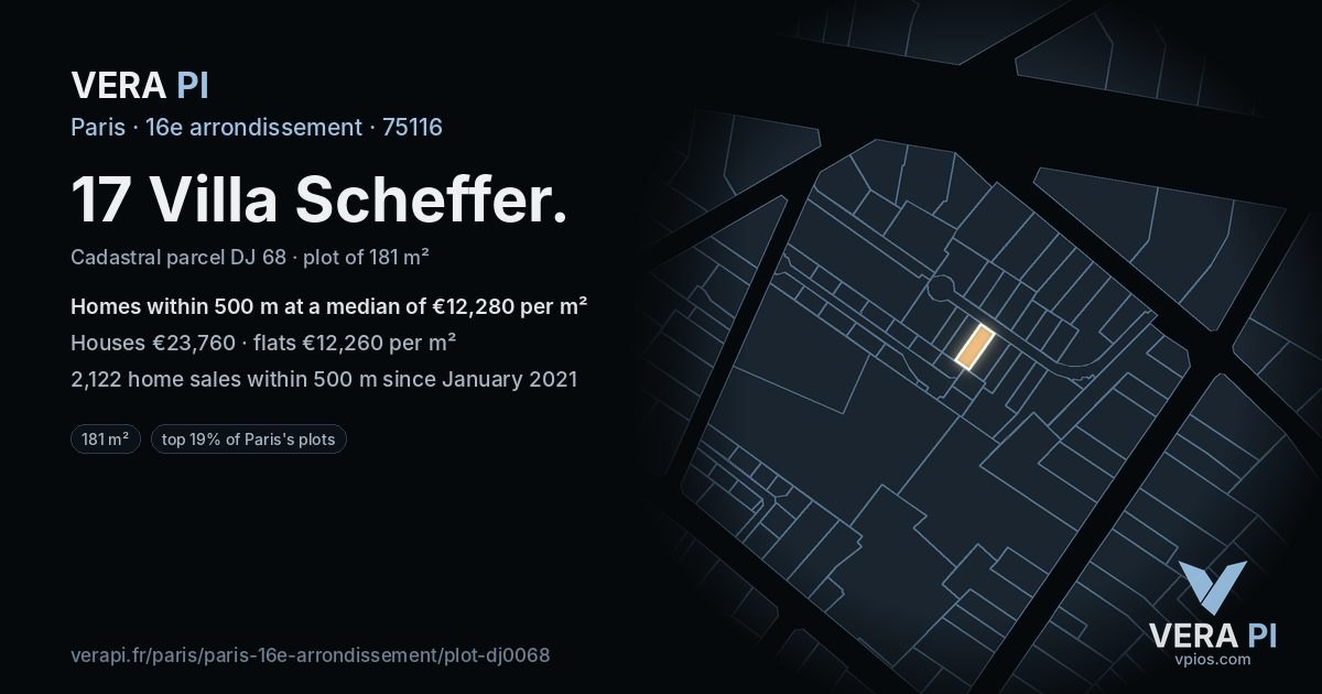 17 Villa Scheffer, 16e arrondissement at night – the plot lit, the parcels around coloured by the prices near them