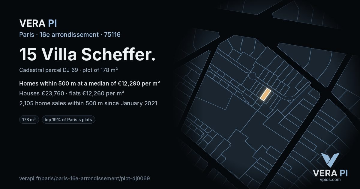 15 Villa Scheffer, 16e arrondissement at night – the plot lit, the parcels around coloured by the prices near them