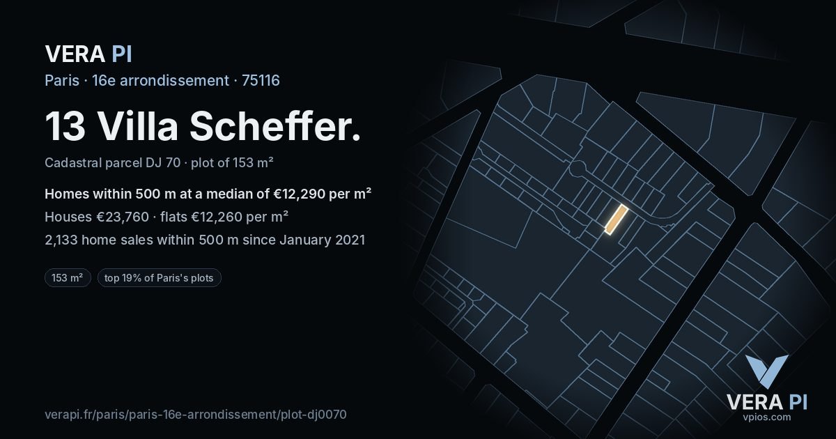 13 Villa Scheffer, 16e arrondissement at night – the plot lit, the parcels around coloured by the prices near them