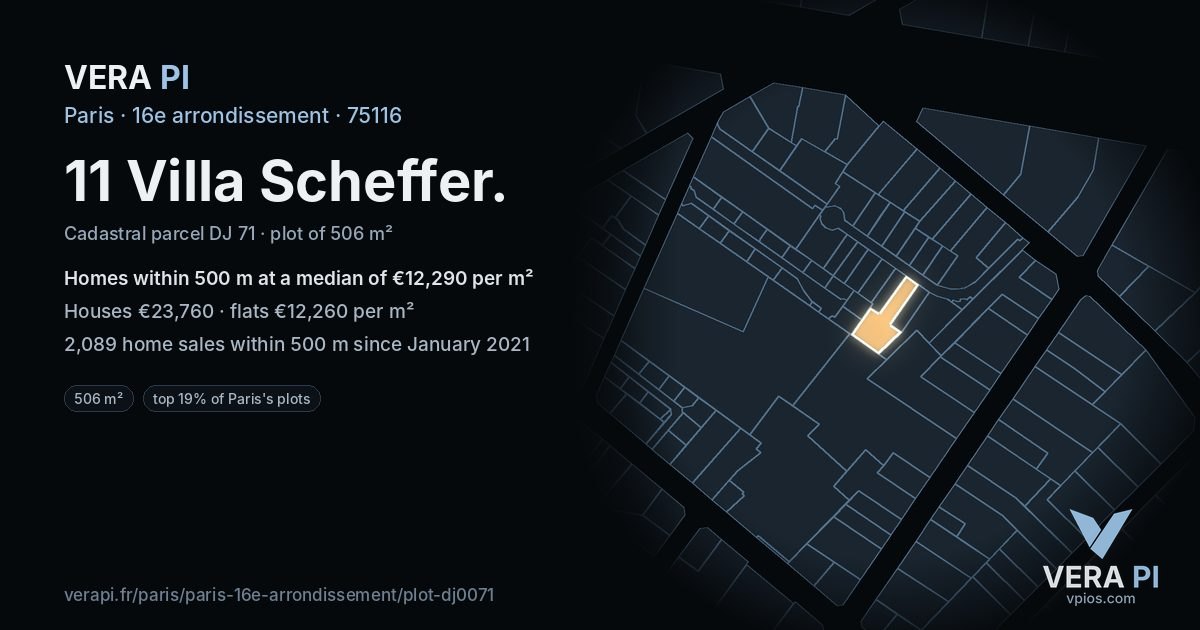 11 Villa Scheffer, 16e arrondissement at night – the plot lit, the parcels around coloured by the prices near them