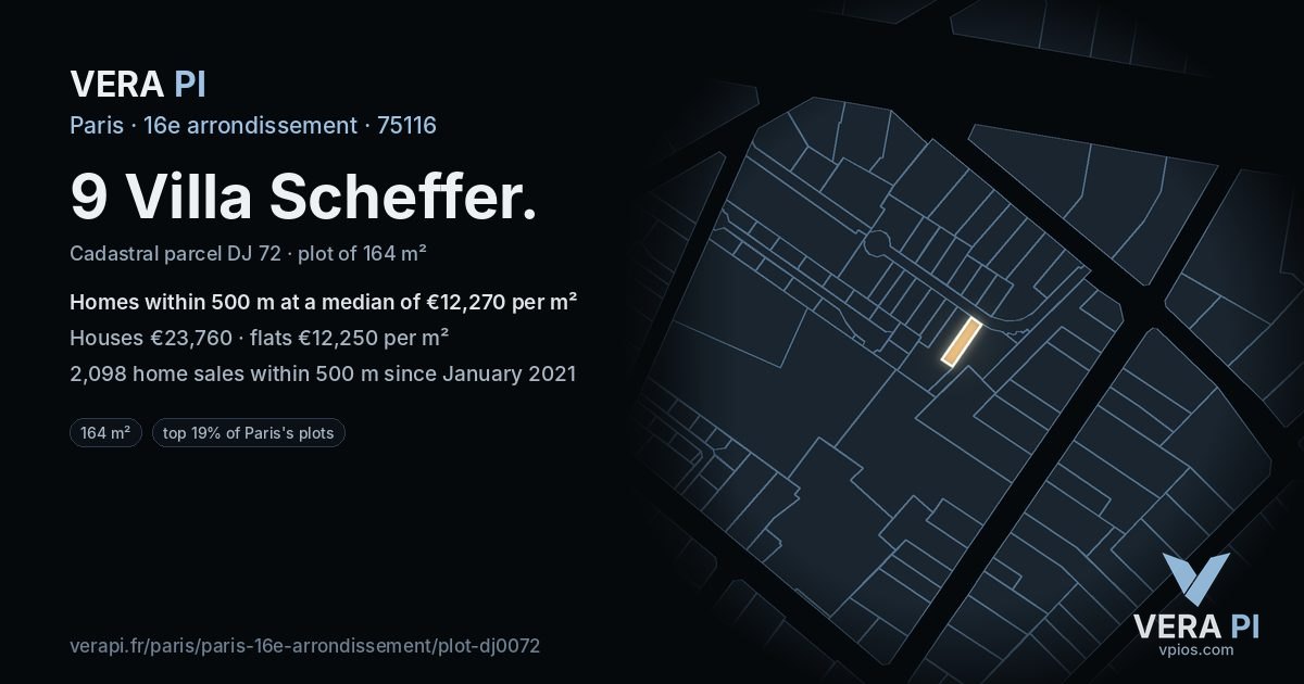9 Villa Scheffer, 16e arrondissement at night – the plot lit, the parcels around coloured by the prices near them