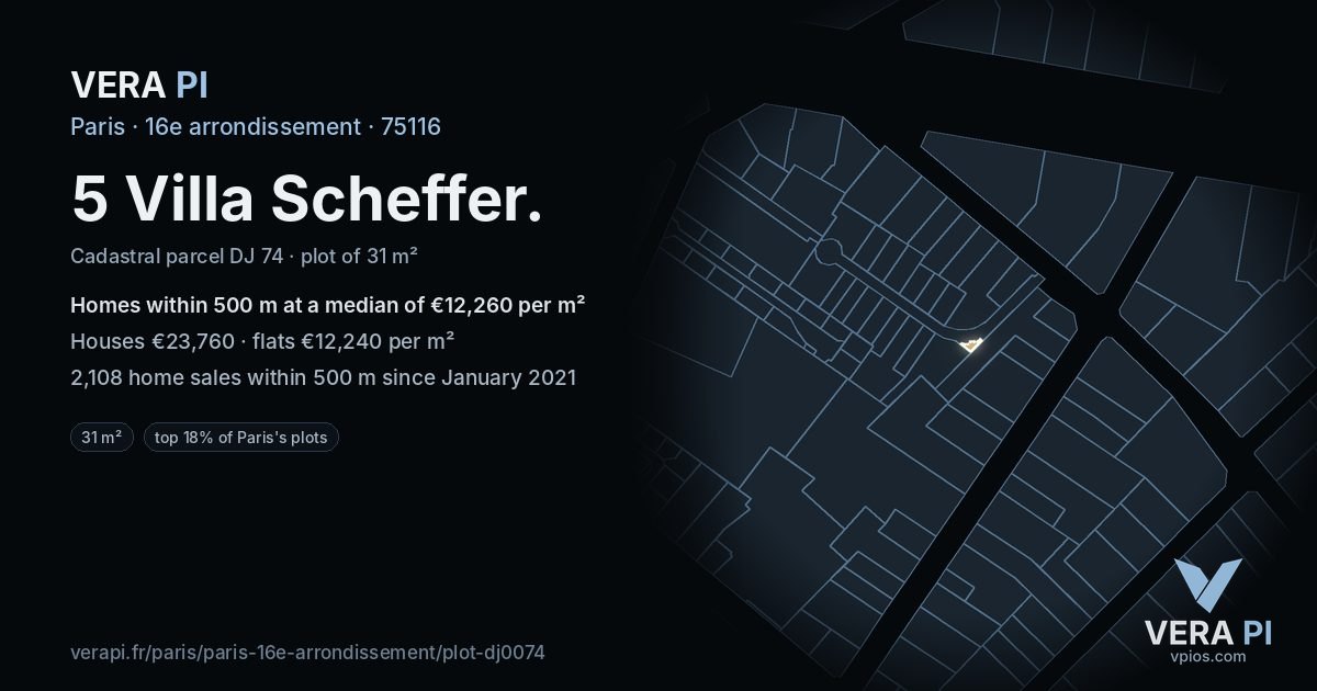 5 Villa Scheffer, 16e arrondissement at night – the plot lit, the parcels around coloured by the prices near them