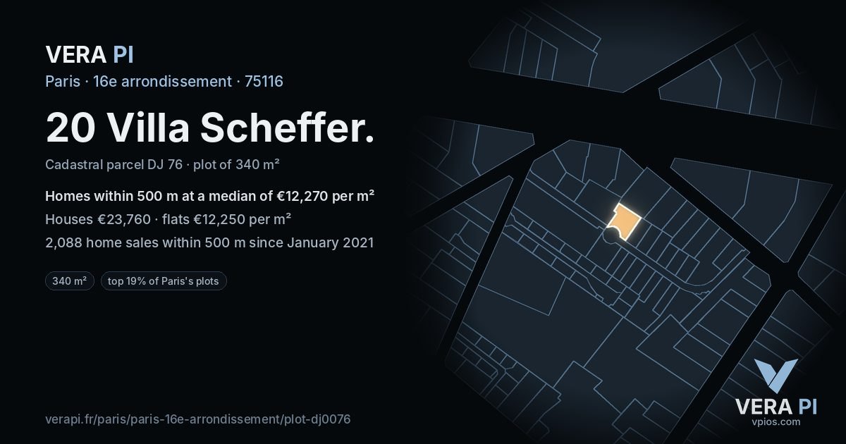 20 Villa Scheffer, 16e arrondissement at night – the plot lit, the parcels around coloured by the prices near them