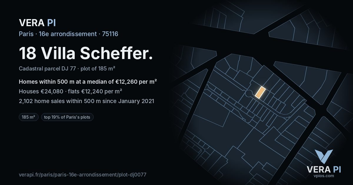 18 Villa Scheffer, 16e arrondissement at night – the plot lit, the parcels around coloured by the prices near them