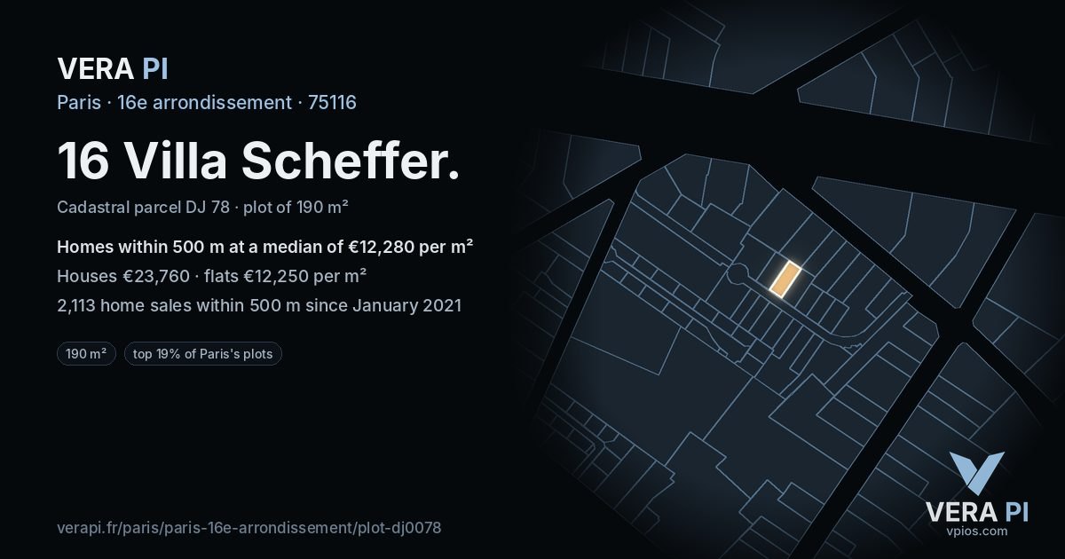 16 Villa Scheffer, 16e arrondissement at night – the plot lit, the parcels around coloured by the prices near them