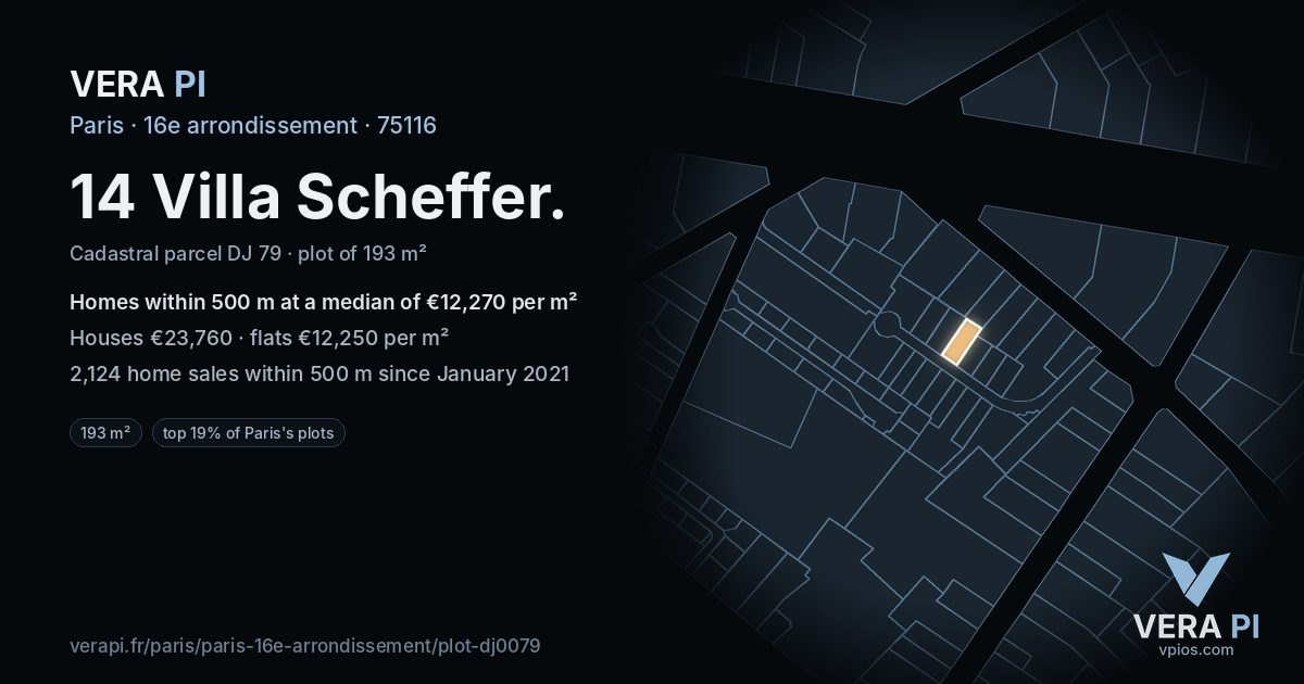 14 Villa Scheffer, 16e arrondissement at night – the plot lit, the parcels around coloured by the prices near them