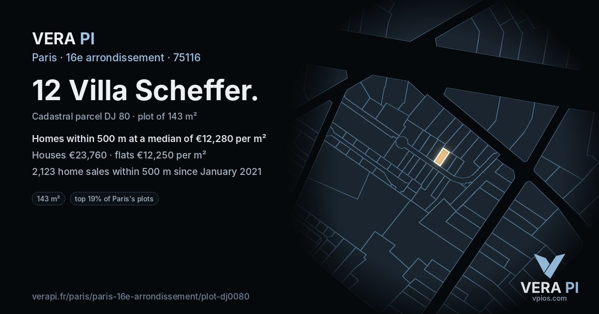 12 Villa Scheffer, 16e arrondissement at night – the plot lit, the parcels around coloured by the prices near them
