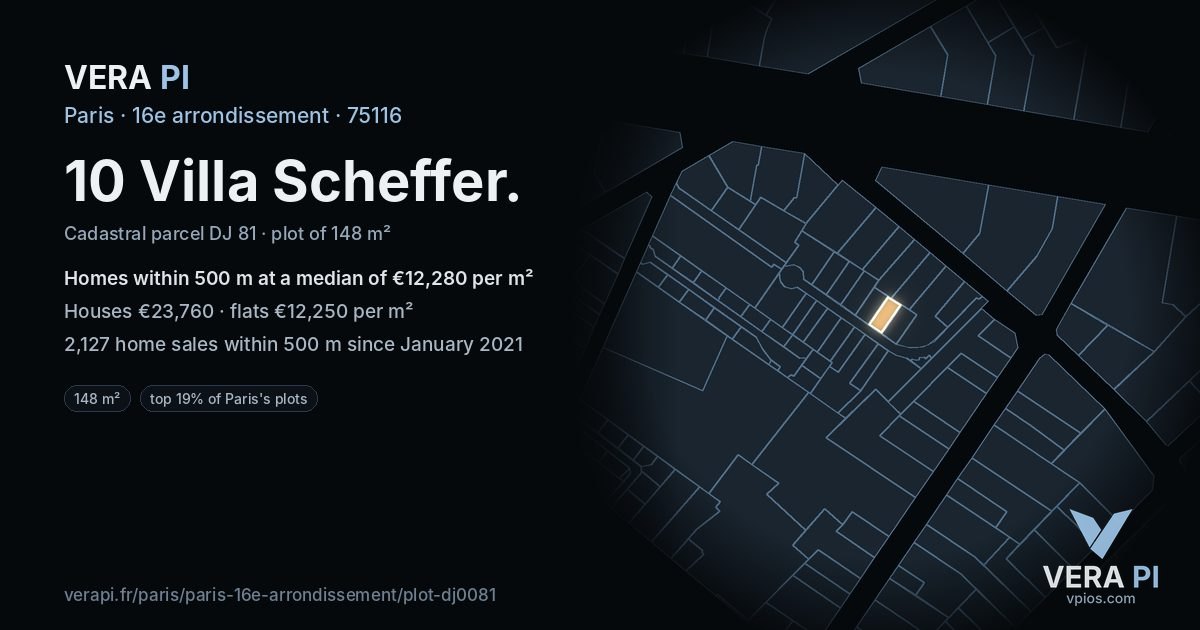 10 Villa Scheffer, 16e arrondissement at night – the plot lit, the parcels around coloured by the prices near them
