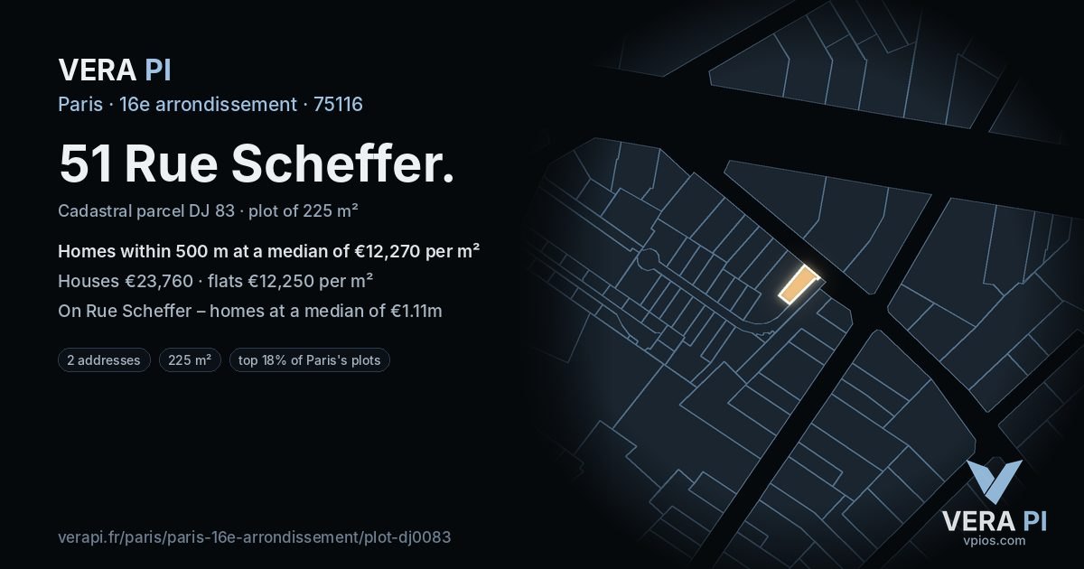 51 Rue Scheffer, 16e arrondissement at night – the plot lit, the parcels around coloured by the prices near them