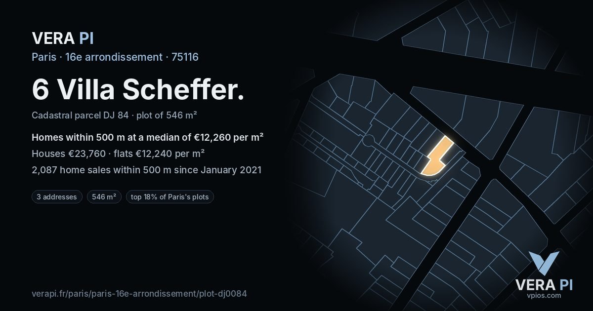 6 Villa Scheffer, 16e arrondissement at night – the plot lit, the parcels around coloured by the prices near them