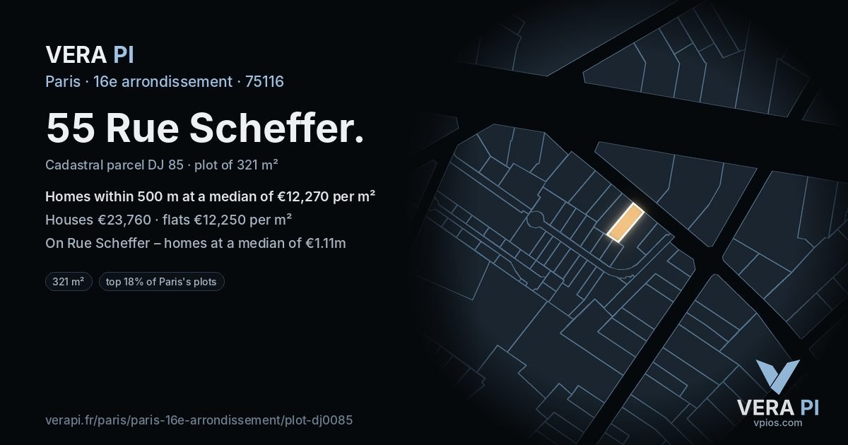 55 Rue Scheffer, 16e arrondissement at night – the plot lit, the parcels around coloured by the prices near them